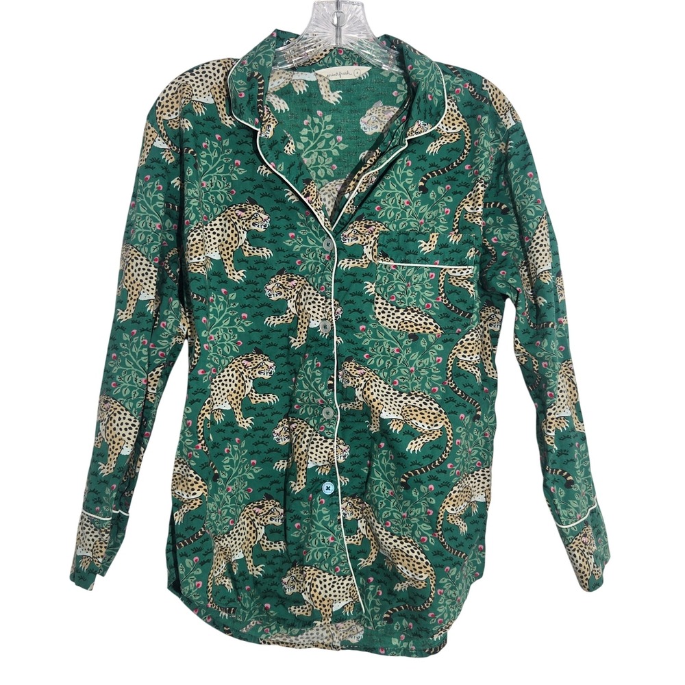 Printfresh S Women Green Leopard Jungle Pajamaโ Top Cotton Long Sleeve Button Up